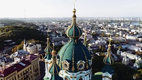 Aerial view of St. Andrew's Church. Kiev, Ukraine. 4k Stock Footage 81797553