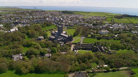 Aerial view of St David's cathedral and Bishop's palace Stock Footage 336810106