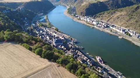 Aerial View of St. Goar on the Rhine During Summer Heat Stock Footage 342134261
