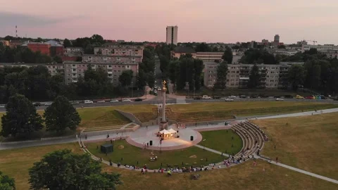 Aerial view St. Johns midsummer festival concert in city Siauliai with people Видео 157918803