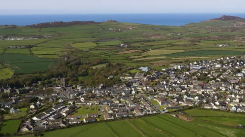 Aerial view of St Just town and rural Poldark landscape Stock Footage 336809714