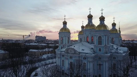Aerial View: St. Nicholas Naval Cathedral vertical pano on winter sunset, SPb Stock Footage 71153077