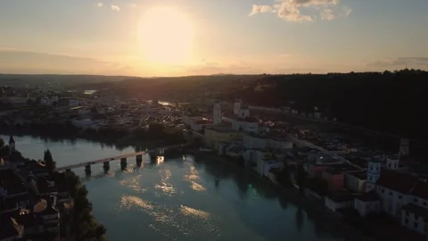 Aerial view of St Stephen's Cathedral and the Marienbrücke in Passau at sunset Stock Footage 340458325