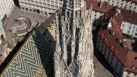Aerial view of St Stephens Cathedral spire in Vienna Stock Footage 342719671