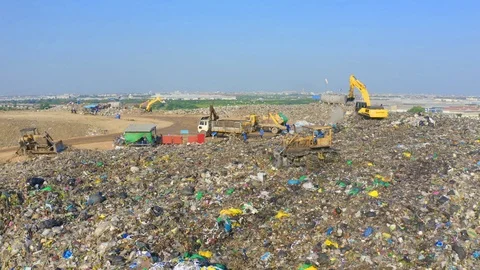 Aerial view of stack of different types of large garbage pile, plastic bags,  Stock Footage 121065845
