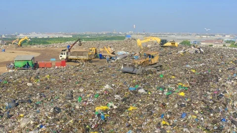 Aerial view of stack of different types of large garbage pile, plastic bags,  Video stock 121067048