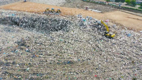Aerial view of stack of different types of large mountain garbage pile, plast Stock Footage 138164771