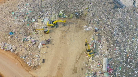 Aerial view of stack of different types of large mountain garbage pile, plast Stock Footage 138164791