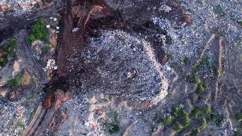 Aerial view of stack of different types of large mountain garbage pile Video stock 155947548