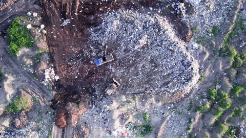 Aerial view of stack of different types of large mountain garbage pile Video stock 155950199