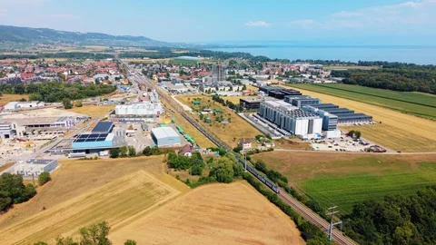 Aerial view of STACK Infrastructure GEN02A Data Center, Switzerland. Stock Footage 342252162