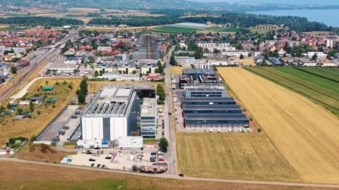 Aerial view of STACK Infrastructure GEN02A Data Center, Switzerland. Stock Footage 342252241
