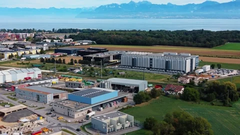 Aerial view of STACK Infrastructure GEN02A Data Center, Switzerland. Stock Footage 346611022