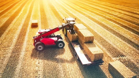 Aerial view of a stacker loading hay bales on a trailer Vídeos de archivo 87453573