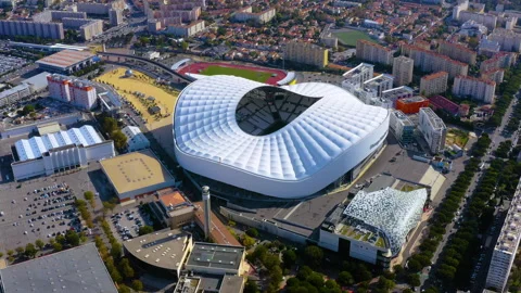 Aerial View of Stade Velodrome Stadium and Parc Chanot in Marseille, France 動画素材 340458095