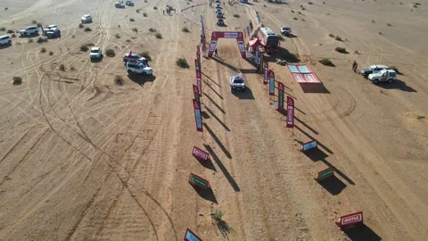 An aerial view of Stage 5 start of the Dakar Rally 2022 Stock Footage 169155737