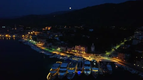 Aerial view of stari grad harbor at night on hvar island Stockbeeldmateriaal 336937372