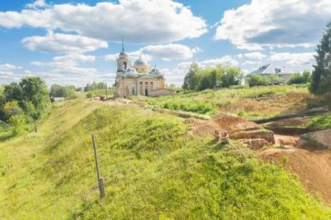 Aerial view of the Staritsa town and the Cathedral of Boris and Gleb Stock Photos