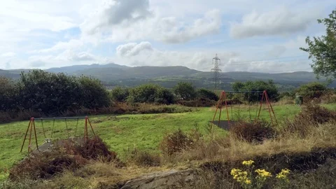 Aerial view, start and up move. Drone panorama of Penrhyndeudraeth bay during Stock Footage 94228767