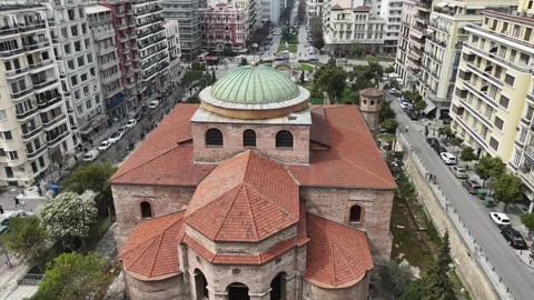 Aerial view starts from the back towards the entrance of Holy Church of Hagia 動画素材 306237604