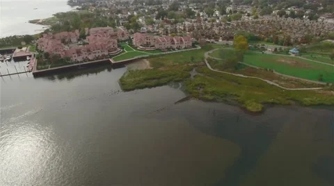 Aerial view of Staten Island. Camera moving up. Town Panorama. Stock Footage 58570583