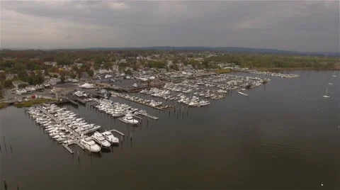 Aerial view of Staten Island. Camera moving right over Marina and Yacht Club. Stock Footage 58570930