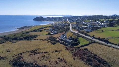 Aerial view, static and sideways move. Drone panorama of sea with silhouette  Stock Footage 94242250