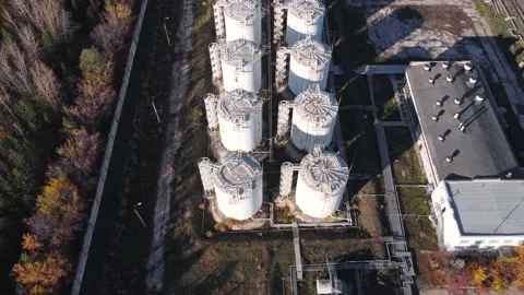 Aerial view of the station with vertical tanks for storing fuel. Stock Footage