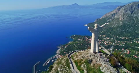 Aerial view of the statue of the Redeemer overlooking the city of Maratea Stock Footage 233430201