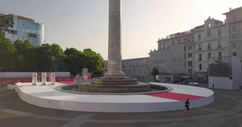 Aerial view of statue of Saint George and constructions for a military parade Stock Footage 108600497