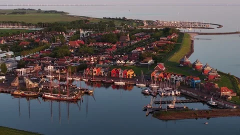 Aerial View of Stavoren Harbor Front at Sunset Stock Footage 335993058