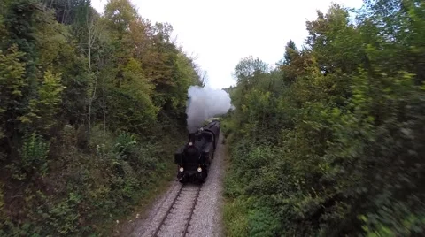 Aerial view of steam engine locomotive train. retro vintage background Stock Footage 43618764