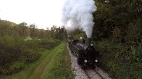 Aerial view steam engine train locomotive. nostalgic retro background Stock Footage 43549265