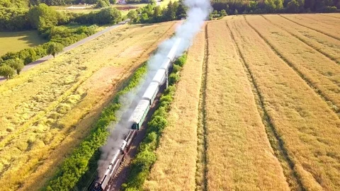 Aerial view of steam train Stock Footage 82424847