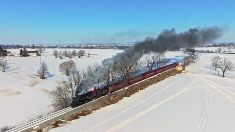 Aerial view of steam train in snowy Paradise, United States. Stock-Footage 341976065