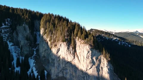 Aerial view of a steep rock formation with coniferous trees on top in the winter Stock Footage 296696789