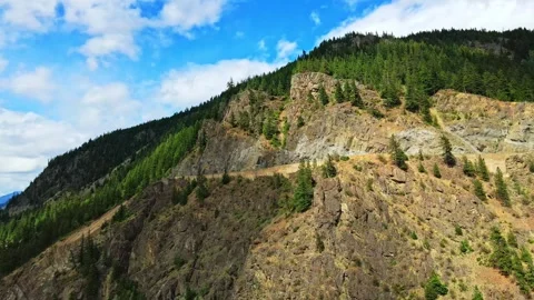 Aerial view of steep rocky cliffs and mountain pine forest under sunny sky Stock Footage 343543437