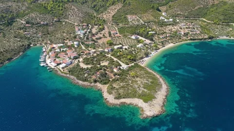 Aerial view of Steni Vala, a coastal village on Alonnisos island, Greece. The Stock Footage 346680033
