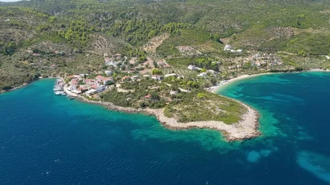 Aerial view of Steni Vala, a coastal village on Alonnisos island in the Northern Stock Footage 346693582