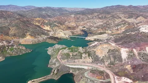 Aerial View of Steppe Hills River and Historic Bridge 스톡 동영상 344988348