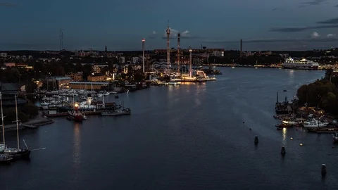 Aerial View of Stockholm, Gröna Lund, at night, Sweden Stock Footage