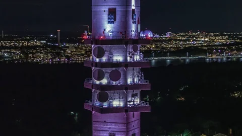 Aerial View of Stockholm, Kaknästornet, Television Tower, at night, Sweden Stock Footage