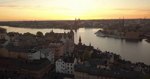 Aerial view of Stockholm Sweden during the golden hour. The drone moves Stock Footage