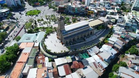 Aerial view Stone cathedral in Nha Trang city Stock Footage 226492553