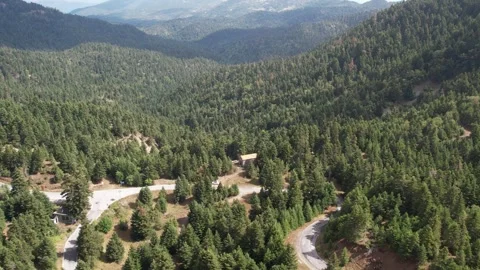 Aerial view of stone chapel within dense fir forest and winding mountain roads Stock Footage 344093808
