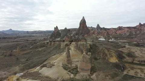 Aerial view of the stone pillars of Cappadocia Stock Footage 168145976