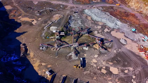Aerial view of stone processing conveyor belts and equipment Stock Footage 333839313