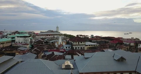 Aerial View Of The Stone Town, Mji Mkongwe Old Part Of Zanzibar City, Tanzania Stock Footage 90492575