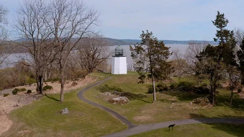 Aerial view of Stony Point Lighthouse Stock Footage 129649475