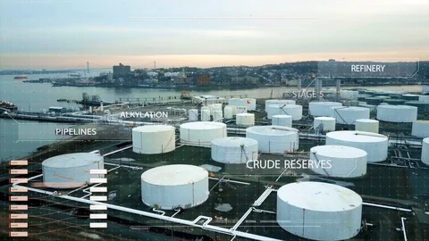 Aerial view of storage tanks at oil refineryand infographics 4K Stock Footage